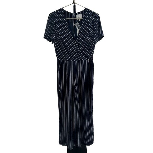 Revolve J.O.A. Women’s‎ S Short Sleeve Wide Leg Jumpsuit Navy Blue Stripe Belted - Picture 2 of 9